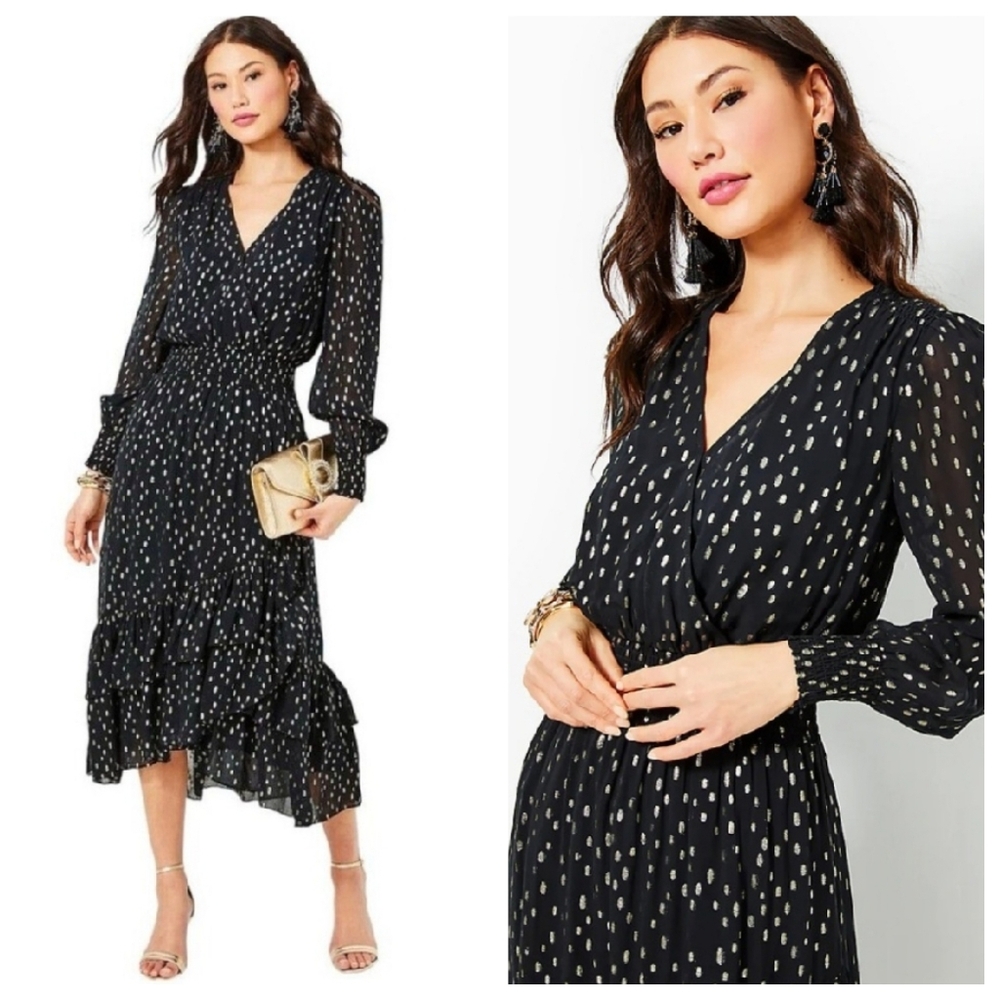 Lilly Pulitzer Cristiana Gold Metallic Smocked Midi Dress 012498